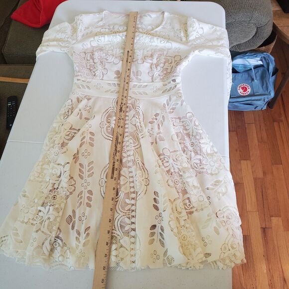 Free People Lovers Folk Song Lace Fit Flare Dress Ivory Bell Sleeve Boho Cottage - Picture 12 of 16
